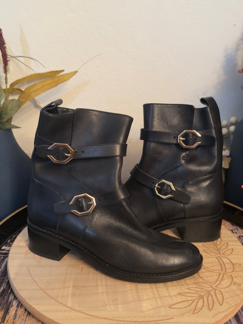 Cole Haan Black Leather Ankle Boots with Gold Buckle Accents